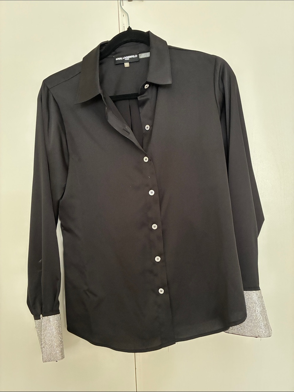 Karl Lagerfeld Black Button-Front Blouse with Rhinestone Cuffs